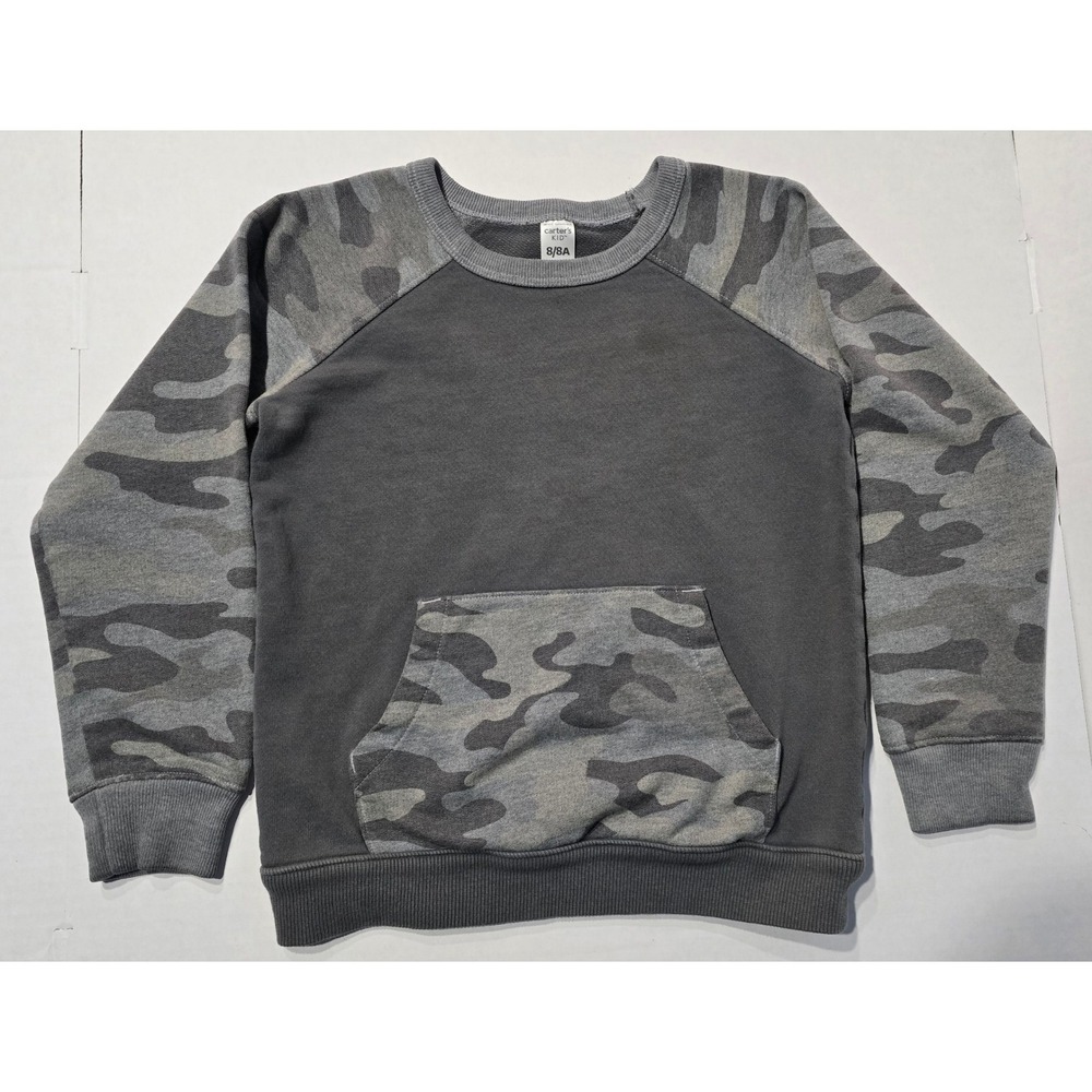 Carters Kid Boys Grey Camo Raglan Sweatshirt Kangaroo Pocket Size 8 8A Awesome
